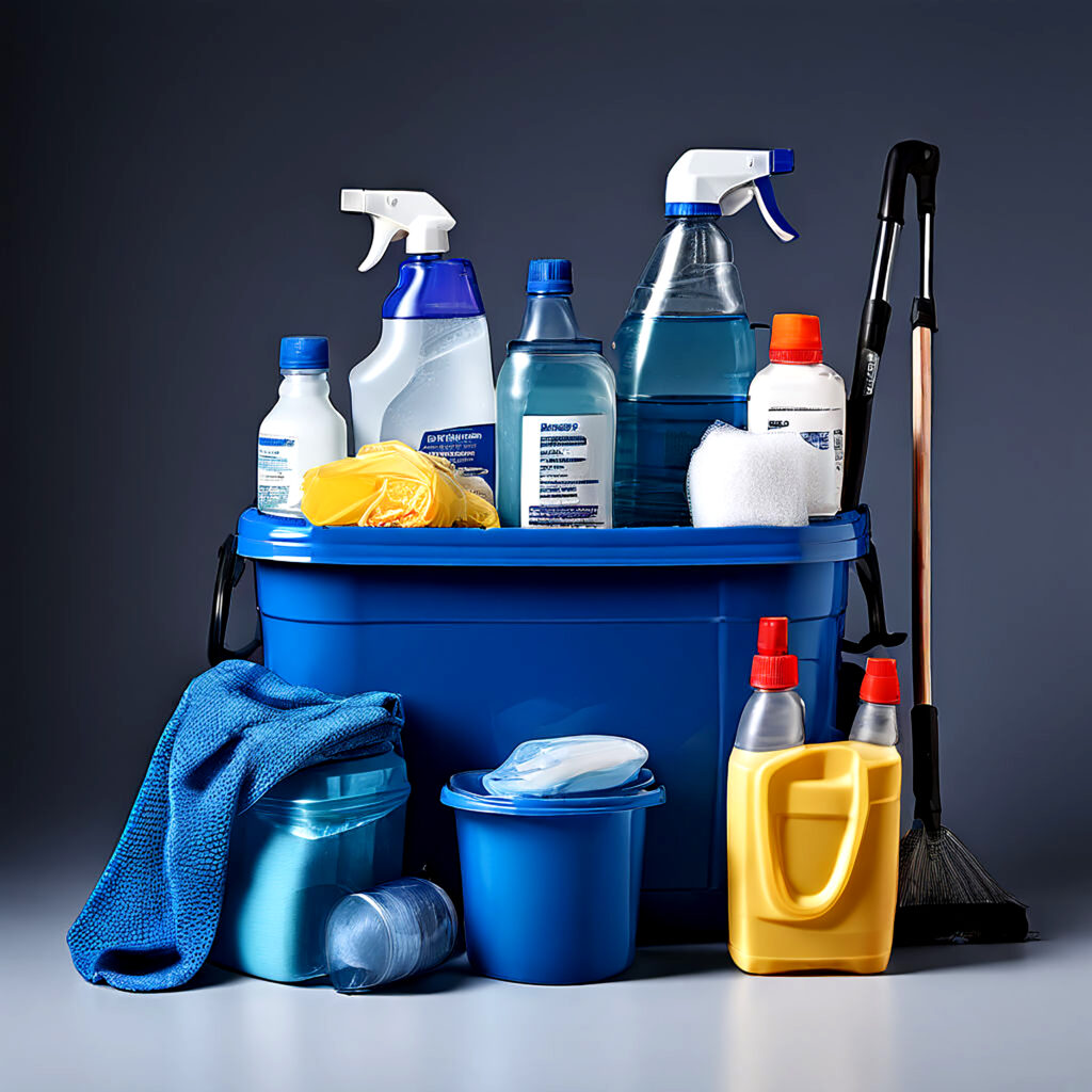 cleaning supplies equipment blue container
