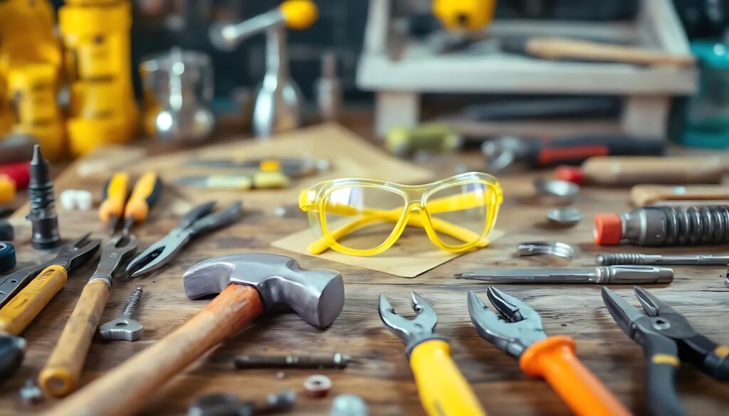 get ready to build with this collection of tools and safety glasses arranged on rustic wood for your next diy project or home repair adventure