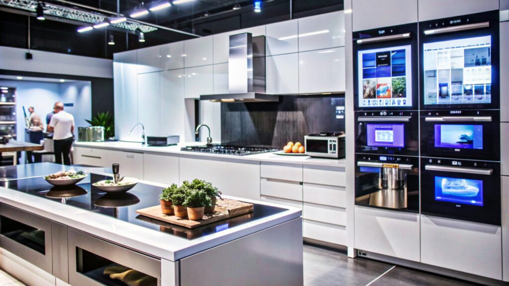 modern kitchen with sleek appliances and a breakfast bar.
