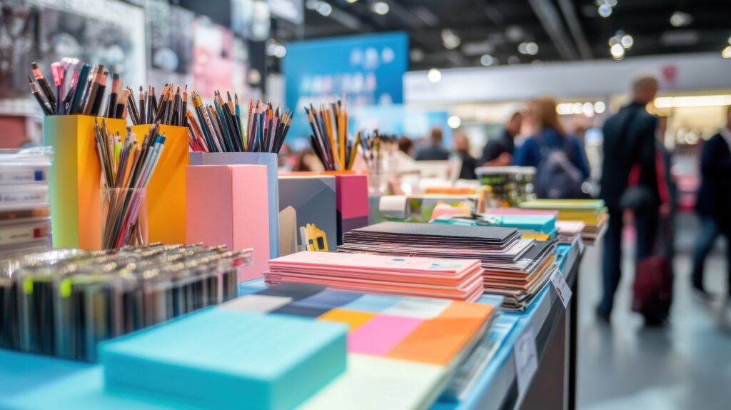 a vibrant display of creatively designed stationery and packaging items on a table
