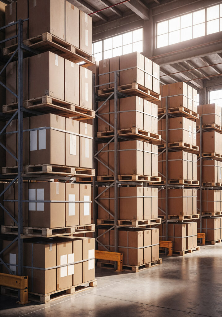 warehouse storage stacked cardboard boxes